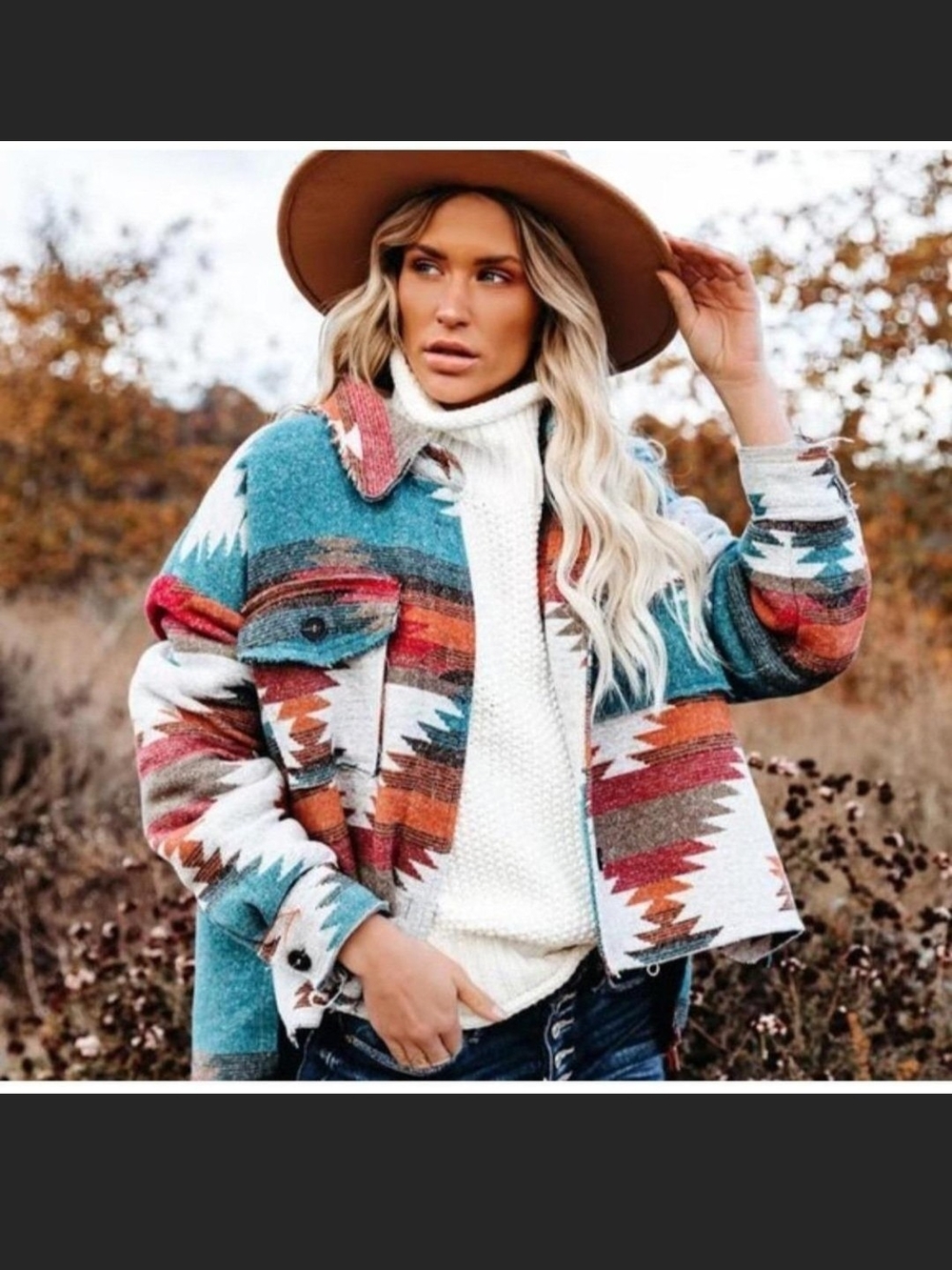 LA MIEL Teal & Rust Aztec Teddy Jacket - Women